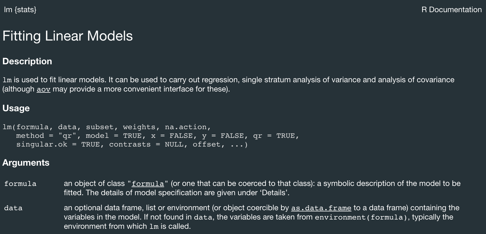 Excerpt from the documentation of the `lm` function.