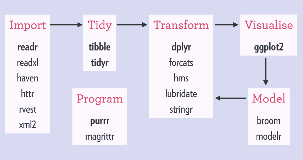 Overview of selected packages from the tidyverse. The image is taken from [this introduction to the tidyverse](https://rviews.rstudio.com/2017/06/08/what-is-the-tidyverse/).